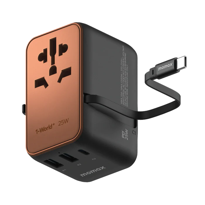 1-World+ 3-Port Travel Charger Built-In USB-C Cable 25W