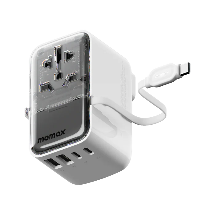 1-World+ Flow 4-Port Travel Charger With Built-In USB-C Cable 35W