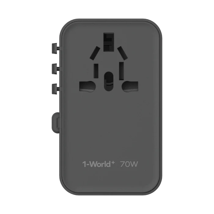 1-World+ 3-Port Travel GaN Charger With Built-in USB-C Cable 70W